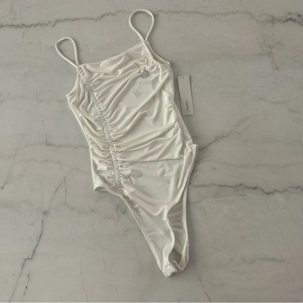 F21 BODYSUIT ✨ Bundle 2 bodysuit white tan ruching thin strap sexy nwt tank s - Picture 6 of 6